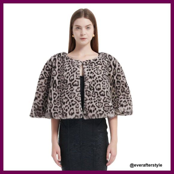 Leopard Faux Fur Shawl Vintage Open Front Plush Capelet Winter Elegant